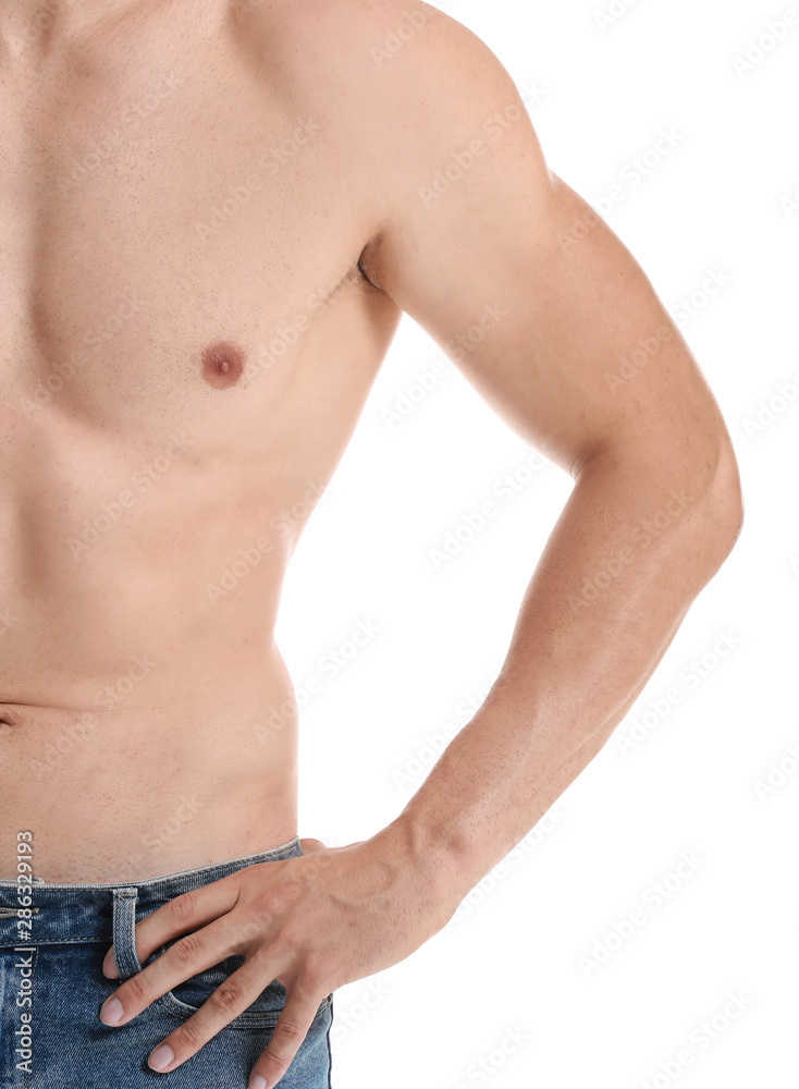 Handsome muscular man on white background. Weight loss concept
