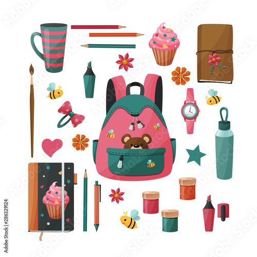 School supplies set for girl. Goods for creativity and study. Vector illustration.