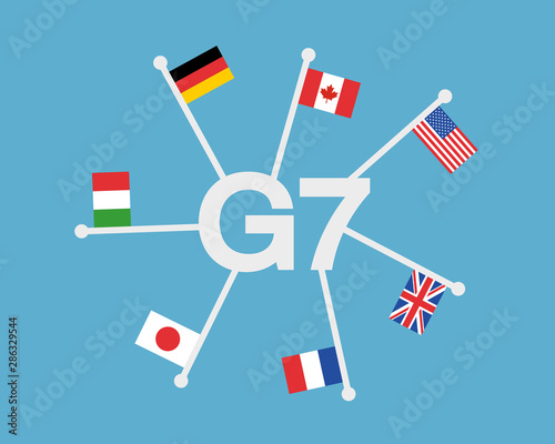 G7 / Group of seven - international political union of largest advanced economies - USA, Great Britain, Germany, France, Italy, Japan, Canada. Vector illustartion of flags on flagpost. photo