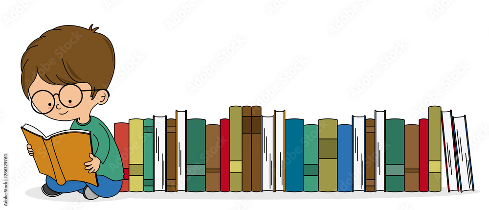 Boy reading with a batch of books Boy reading with a batch of books