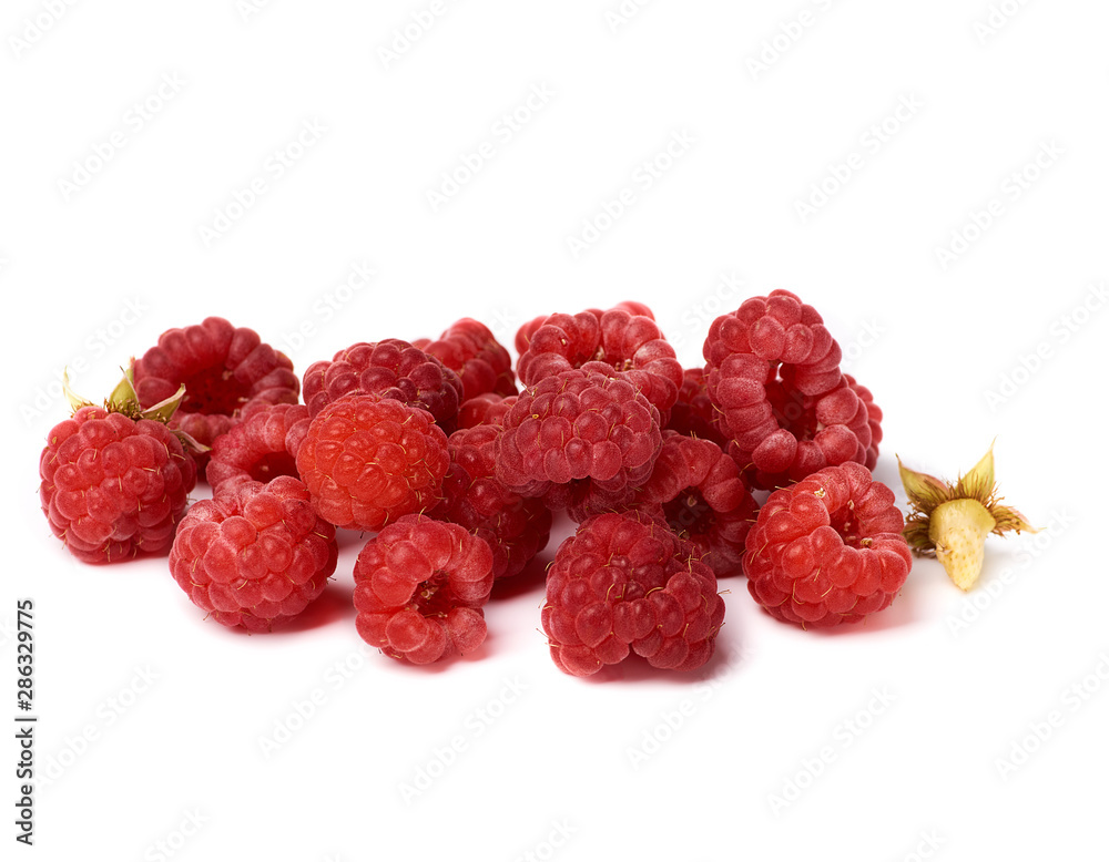 bunch of red ripe raspberries on a white background, summer sweet crop bunch of red ripe raspberries on a white background, summer sweet crop
