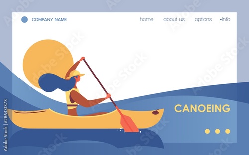 Canoeing woman in river or lake landing page template. Vector banner with blue wave and flat character good for kayaking school or outdoor leisure activity with canoe