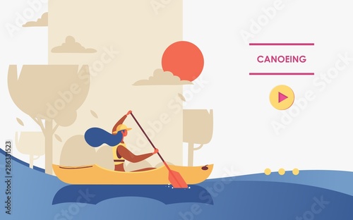 Vector concept banner for canoeing or kayaking with woman in hat sailing with single-bladed paddle and canoe outdoors