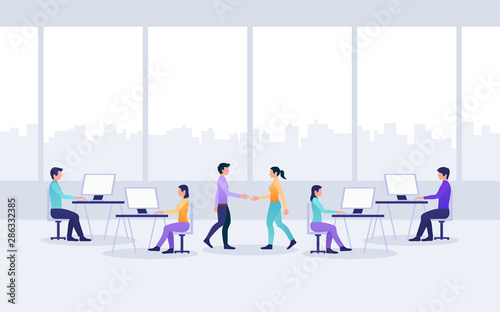 flat icon design of working people in office with city skyline from windows 