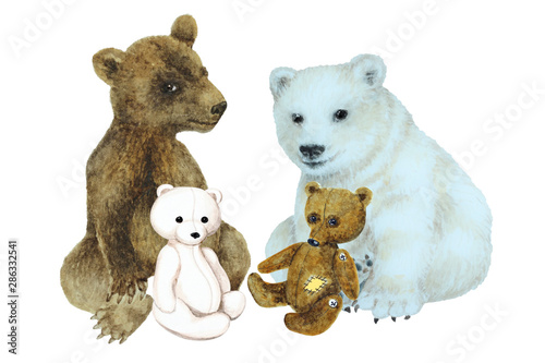 Brown and polar bear cubs with toys bear on a white background, hand drawn watercolor. © EllSan
