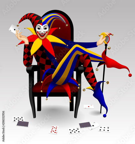 Joker seated on the red chair with stick and playing card