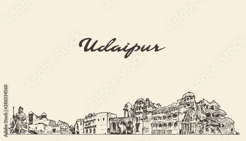 Udaipur skyline Rajasthan India hand vector sketch