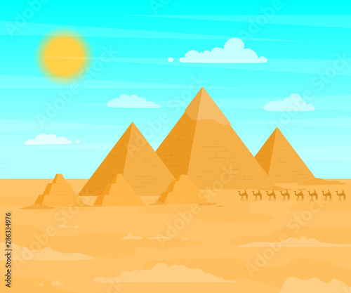 Egyptian Pyramids Travel and Tourism Concept on a Desert Landscape Background Scene. Vector