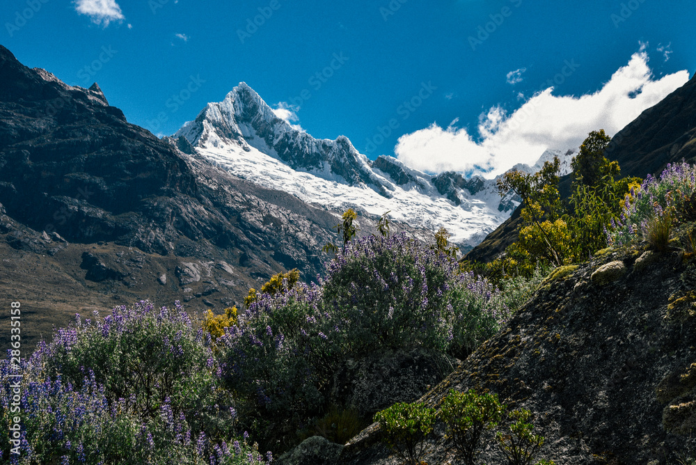 Mountain Landscapes on Santa Cruz Trek in Huscaran National Park in the Cordillera Blanca in Northern Peru 