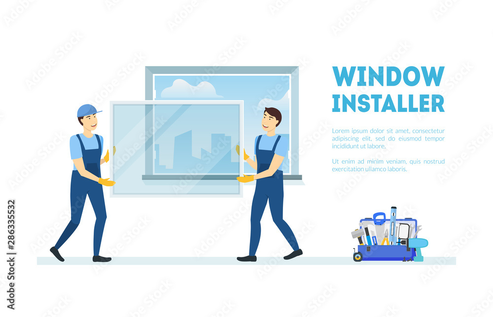 Cartoon Color Characters People with Window Installer Concept. Vector Cartoon Color Characters People with Window Installer Concept. Vector