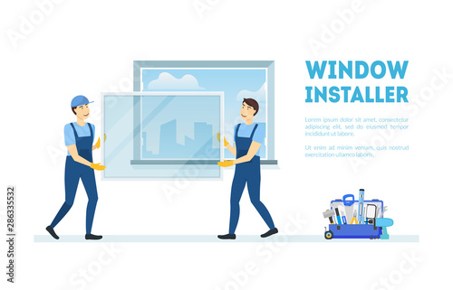 Cartoon Color Characters People with Window Installer Concept. Vector