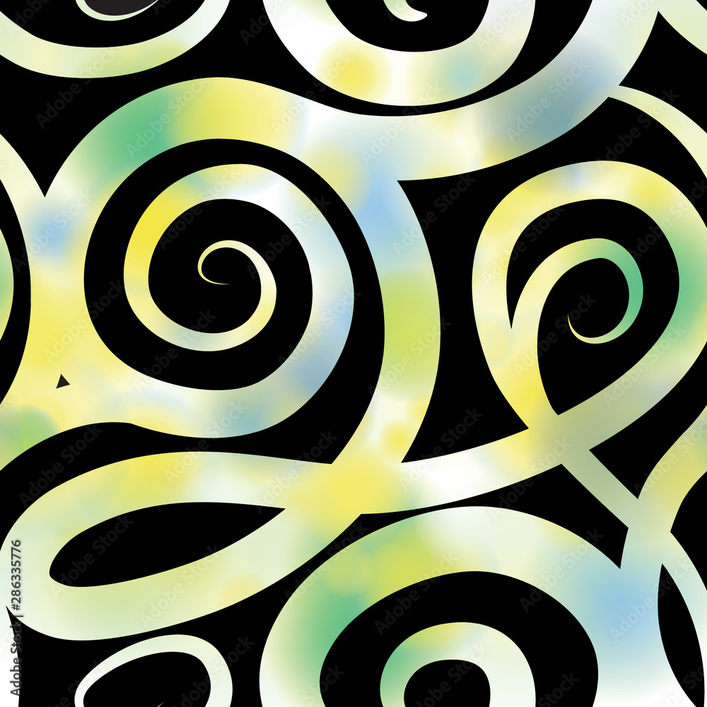 Abstract ornamental spiral seamless pattern. Black swirl line backdrop with blurred summer background. Abstract ornamental spiral seamless pattern. Black swirl line backdrop with blurred summer background.