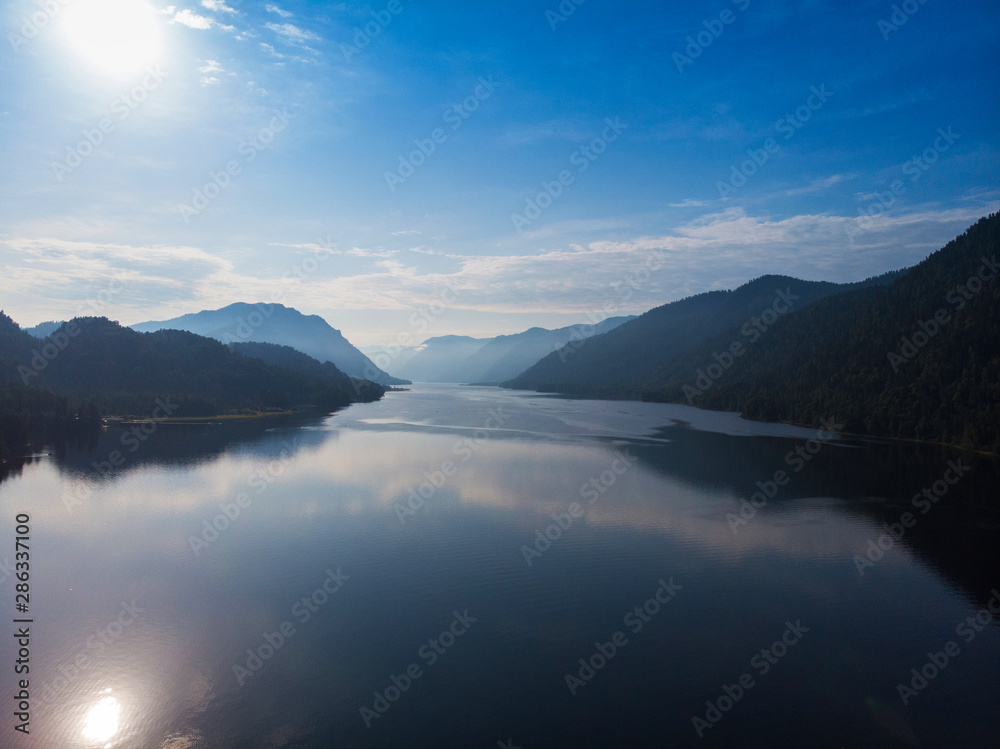 Aerial view on Teletskoye lake in Altai mountains, Siberia, Russia. Drone shot. Beauty summer day.