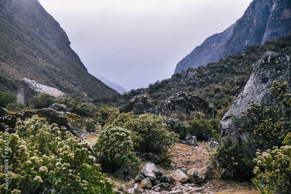 Mountain Landscapes on Santa Cruz Trek in Huscaran National Park in the Cordillera Blanca in Northern Peru 