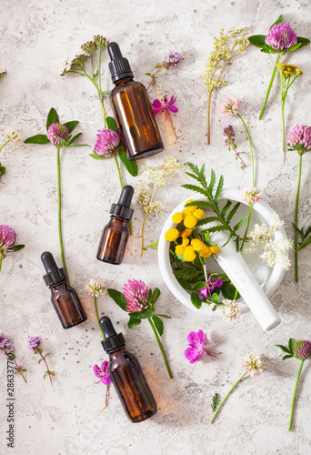 medical flowers herbs in mortar essential oils in bottles. alternative medicine. clover milfoil tansy rosebay