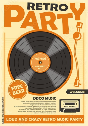 Retro party poster template with vinyl record and audio cassette tape. Disco music and dance event promotion. Musical vector illustration.