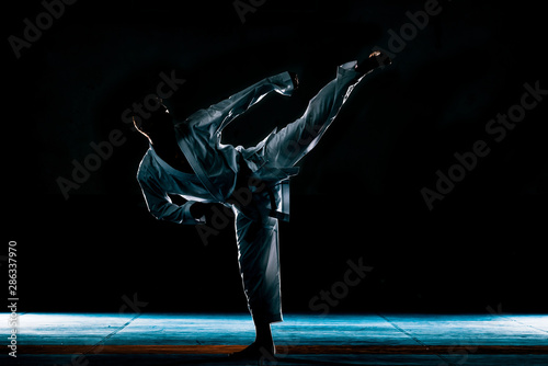 Martial arts master on fight training in gym