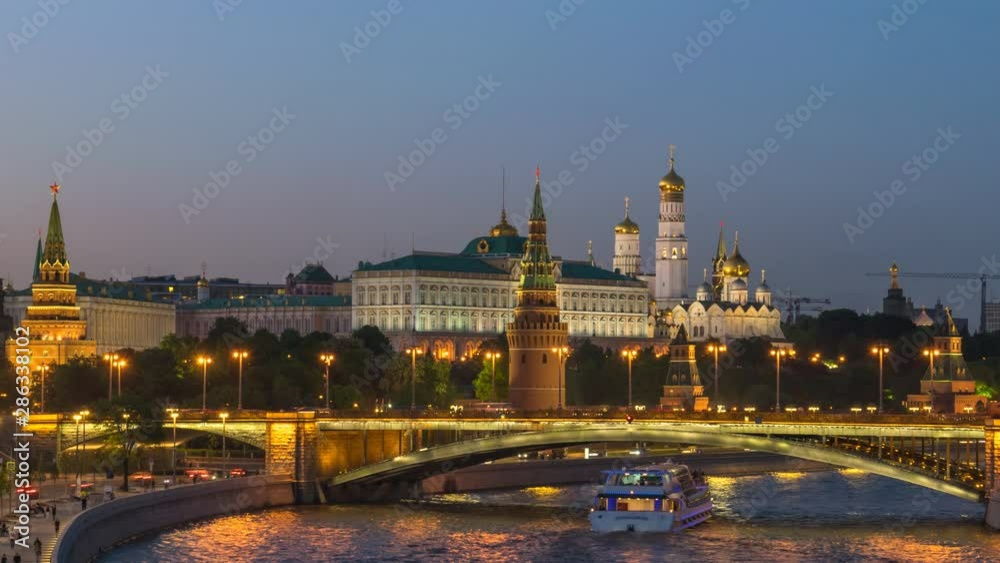 Moscow Russia time lapse 4K, city skyline day to night timelapse at Kremlin Palace Red Square and Moscow River