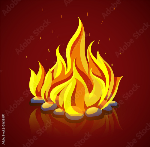Burning campfire with fire on coal stones. Eps10 vector illustration.