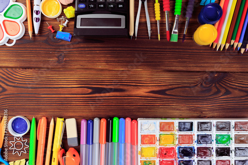 Back to School background concept. School supplies on a wooden background. Education background concept with copyspace.Top view. Back to school - Image