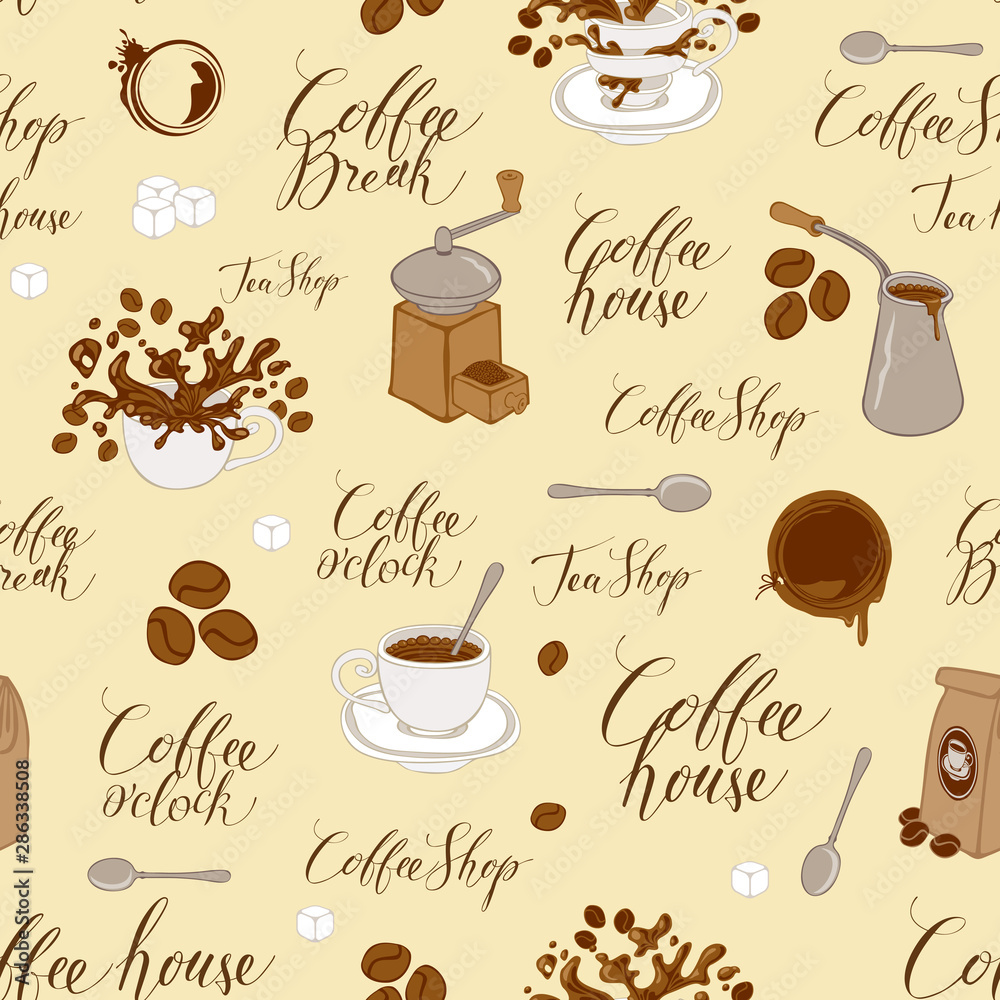 Cute Retro Coffee and Tea, Seamless paper, Seamless background, Digital  pattern