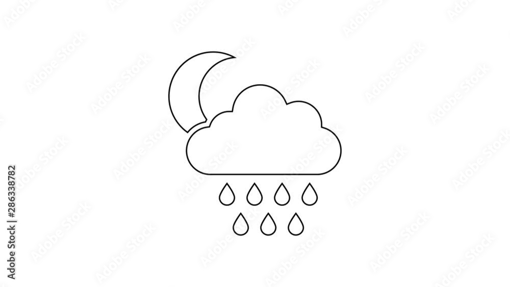 Black Cloud with rain and moon line icon on white background. Rain cloud precipitation with rain drops. 4K Video motion graphic animation Black Cloud with rain and moon line icon on white background. Rain cloud precipitation with rain drops. 4K Video motion graphic animation
