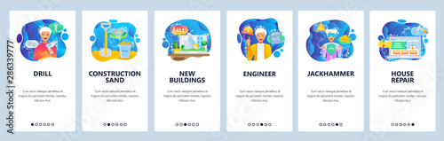 Mobile app onboarding screens. Construction workers and hardware tools. Menu vector banner template for website and mobile development. Web site design flat illustration