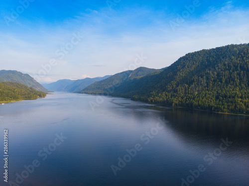 Teletskoye lake in Altai mountains, Siberia, Russia. Drone shot. Beauty summer day.