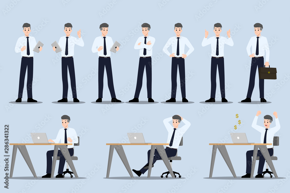 Flat design concept of Businessman with different poses, working and presenting process gestures, actions and poses. Vector cartoon character design set. Flat design concept of Businessman with different poses, working and presenting process gestures, actions and poses. Vector cartoon character design set.