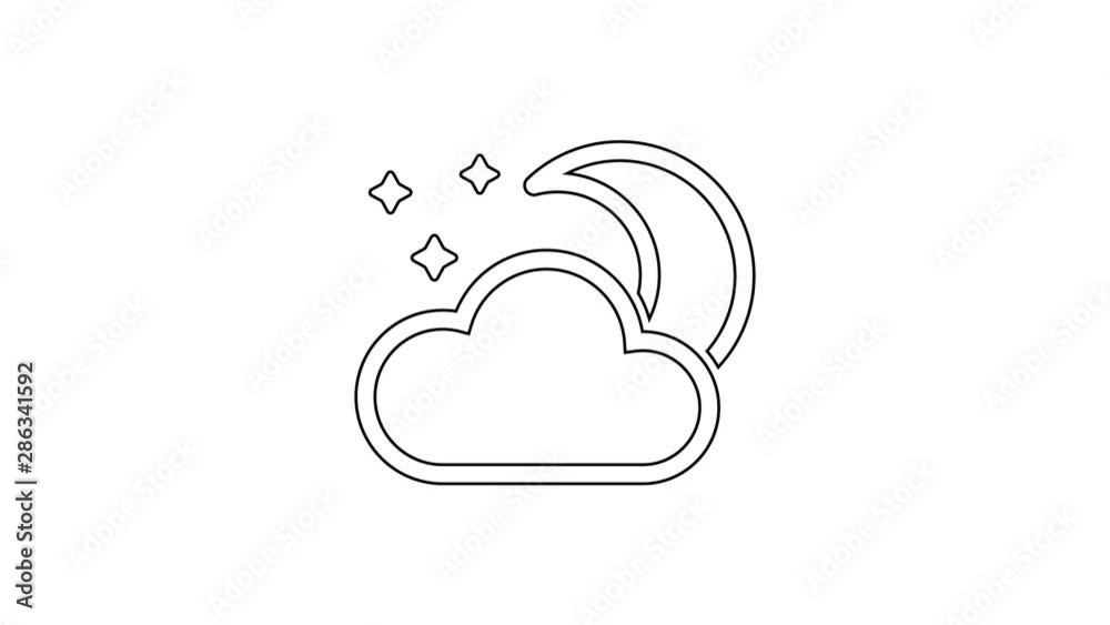 Black Cloud with moon and stars line icon on white background. Cloudy night sign. Sleep dreams symbol. Night or bed time sign. 4K Video motion graphic animation Black Cloud with moon and stars line icon on white background. Cloudy night sign. Sleep dreams symbol. Night or bed time sign. 4K Video motion graphic animation