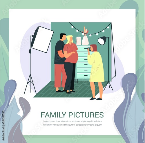 Pregnant woman and husband at photoshoot. Family