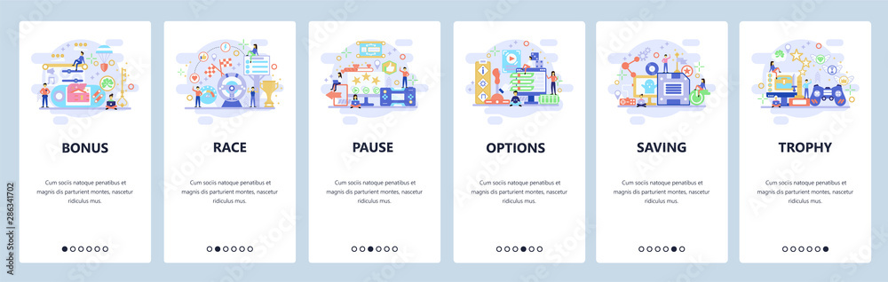 Mobile app onboarding screens. Computer games, cybersport, game options, race. Menu vector banner template for website and mobile development. Web site design flat illustration - obrazy, fototapety, plakaty 