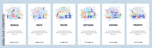 Mobile app onboarding screens. Computer games, cybersport, game options, race. Menu vector banner template for website and mobile development. Web site design flat illustration