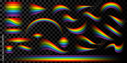Vector illustration. Isolated set of rainbows in different shapes with transparency at the ends. Twisted, convex, curved and wavy forms. Colored design elements for use on dark backgrounds