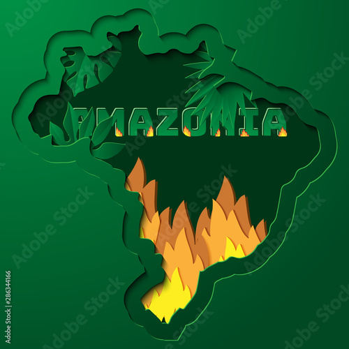 Amazonia rainforest in Brazil is burning . the  lung of the world .  deforestation , environment and ecology . brazil map shape , paper style vector illustration .  