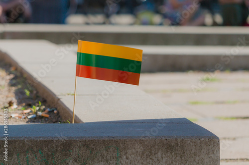 Small lithuanian flag sticked in ground near curb photo