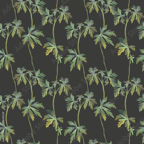 Seamless pattern with weeds on dark background, repeatable background with leaves
