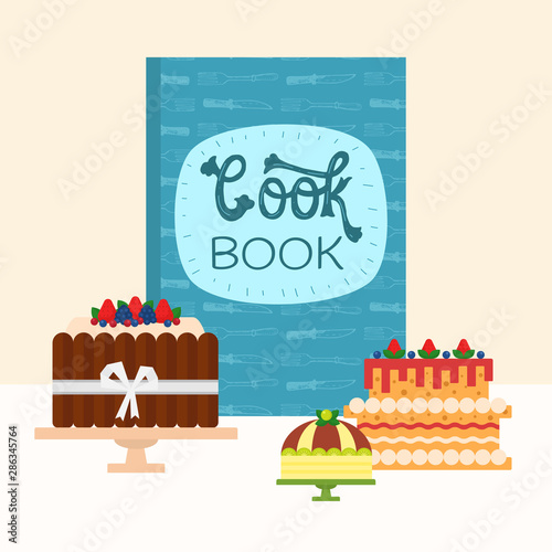 Cartoon cookbook and chocolate and berries cakes vector illustration. Food cooking illustrations design. Cakes bakery and cook book concept.