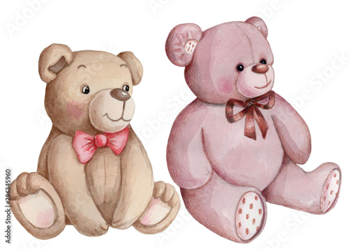 Two teddy bears sitting together. Watercolor hand drawn, isolated on white background.