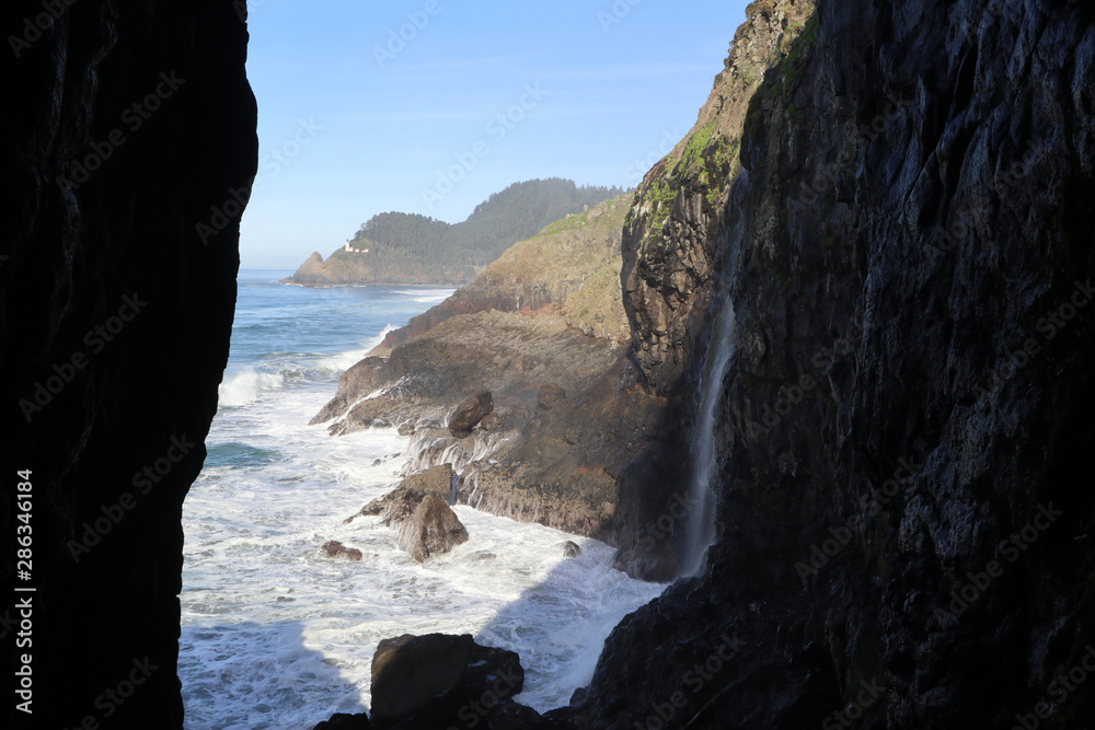 View from Sea Lion Cave, Lighthouse & Waterfall, Oregon