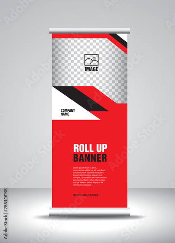 Red Roll up banner template vector, banner, stand, exhibition design, advertisement, pull up, x-banner and flag-banner layout