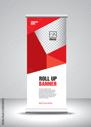 Red Roll up banner template vector, banner, stand, exhibition design, advertisement, pull up, x-banner and flag-banner layout