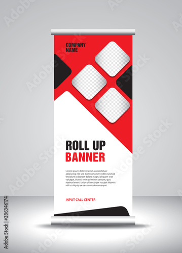 Red Roll up banner template vector, banner, stand, exhibition design, advertisement, pull up, x-banner and flag-banner layout