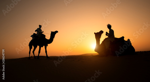 Rajasthan travel background - two indian cameleers  camel drivers  with camels silhouettes in dunes of Thar desert on sunset. Jaisalmer  Rajasthan  India 