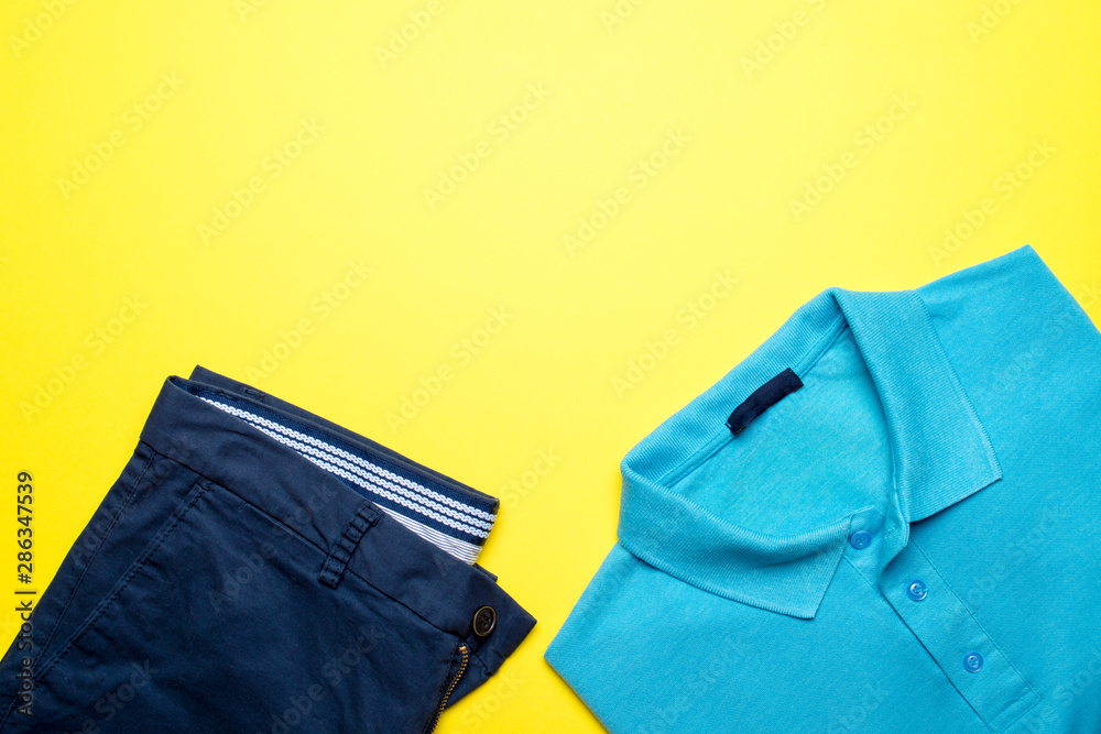 Fashion men's clothing and accessories in casual style flat lay, colorfull background, copy space