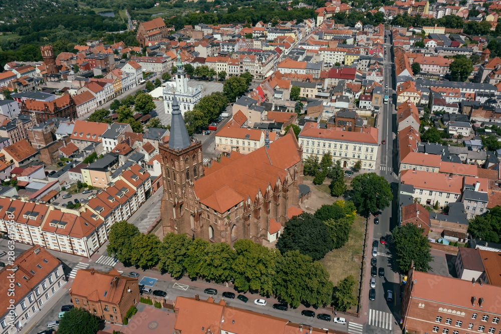 Aerial vide of the Gothic Cathedral amidst medieval architecture