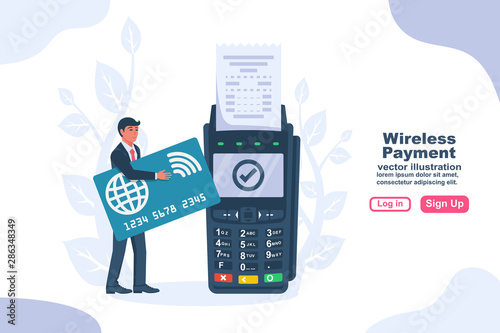 NFC concept. Landing page contactless payment. Non-cash payment transactions. Pos terminal and a businessman with a bank card. Financial transactions payment system. Vector illustration flat design.