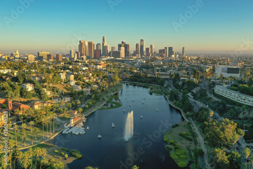 Aerial view of Echo Park and downtown Los Angeles during golden hour