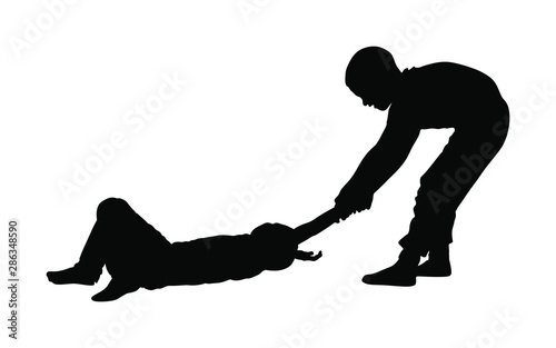 Two boys fighting vector silhouette. Young brothers fight vector. Angry kid terror. Street hitting and punching after school. Bully abused neighbor kid. Child problematic behavior. Boy rescued friend