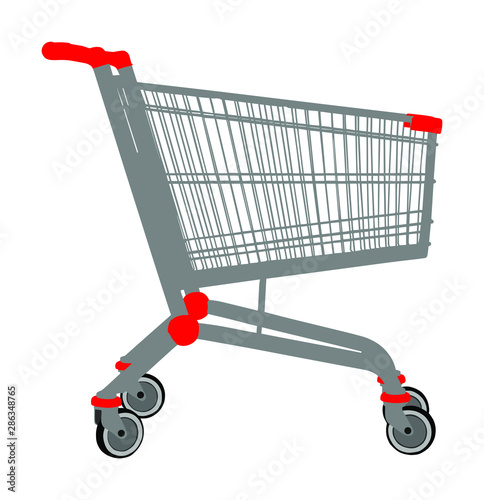 Empty shopping cart vector isolated on white background. Metal market trolley.  Symbol of bad economy, home budget. Transportation equipment for buying food and another goods. Procurement of supplies.